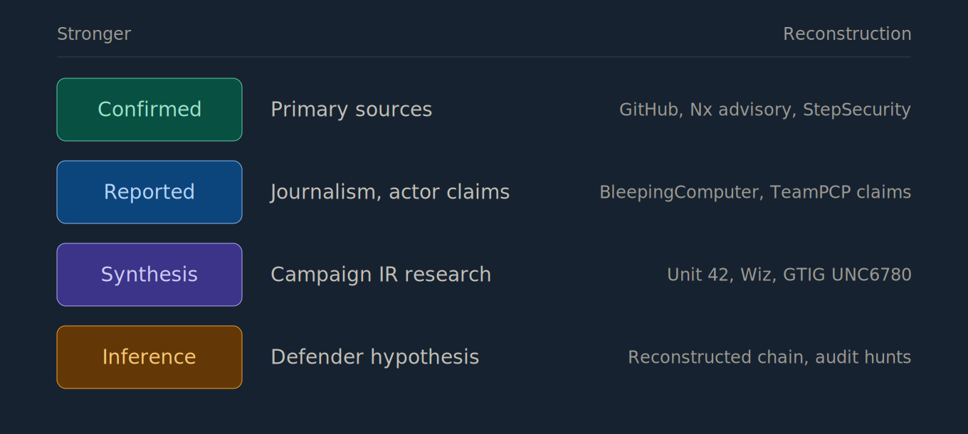 Evidence confidence tiers for GitHub and Nx Console incident claims